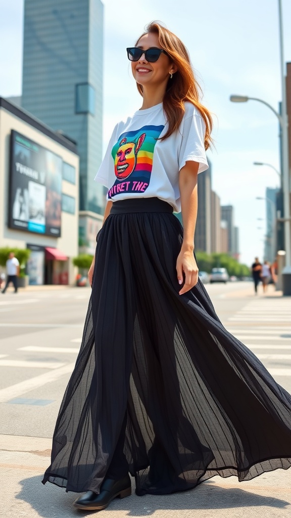 A woman wearing a graphic tee and a black maxi skirt, walking confidently in an urban setting.