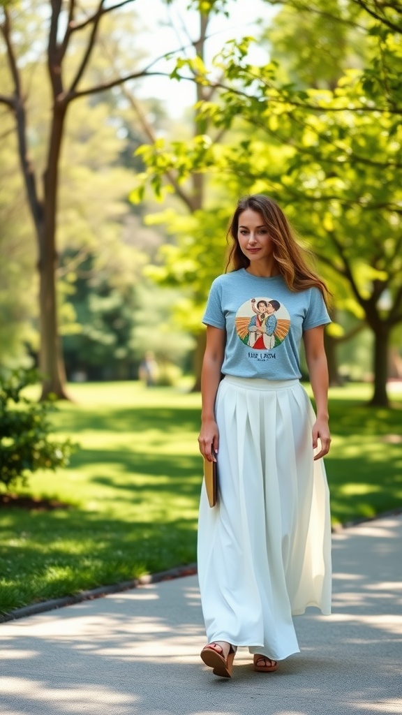 A woman wearing a white maxi skirt and a graphic tee walking in a park.