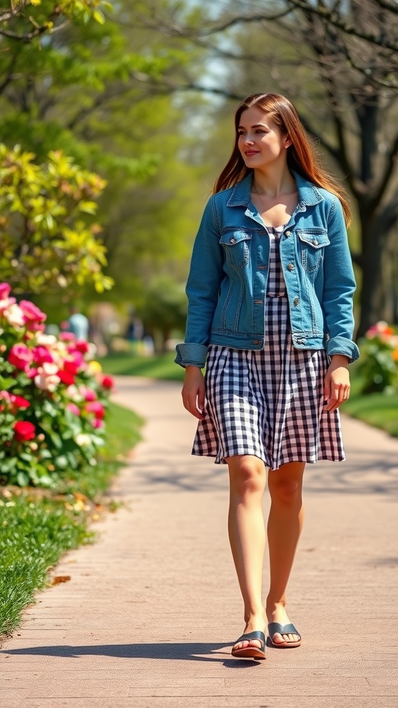 A woman walking in a park wearing a gingham dress and denim jacket, with flowers in the background.