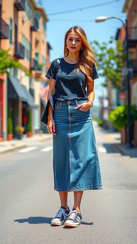 A woman wearing a long jean skirt and sneakers, standing on a street during a sunny day.