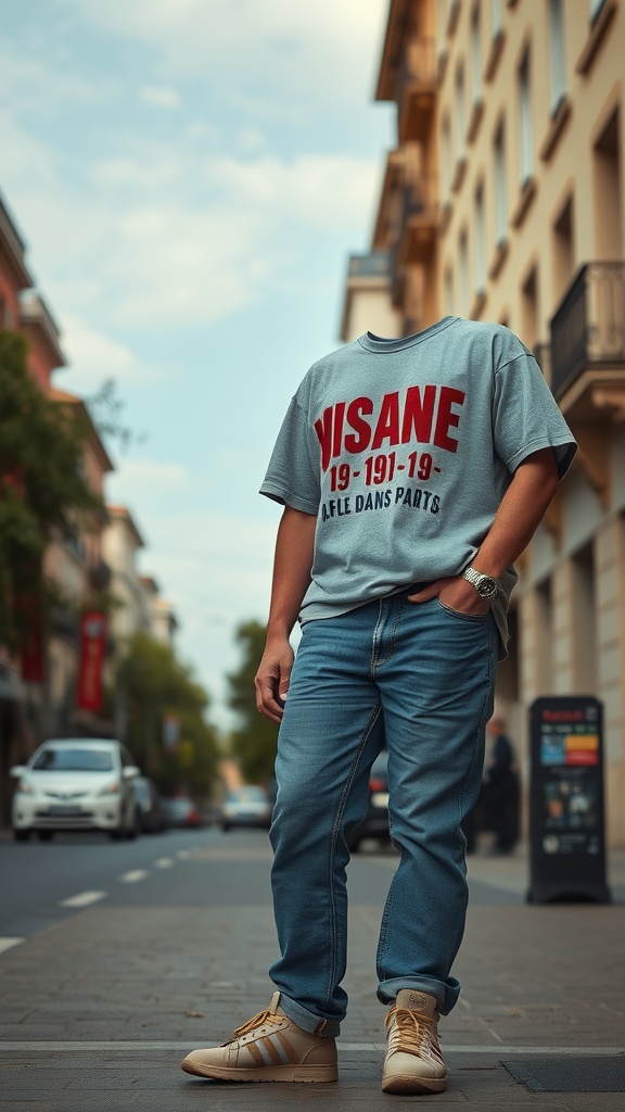 A person wearing a grey vintage tee and blue denim jeans, standing on a street.