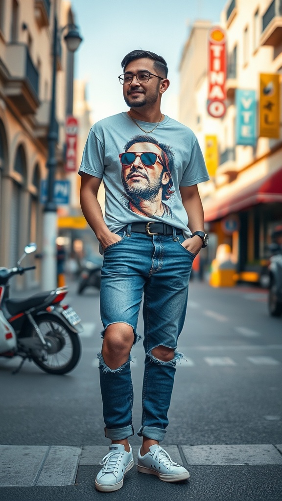 A young man wearing a graphic tee and ripped denim jeans, standing on a street with shops in the background.
