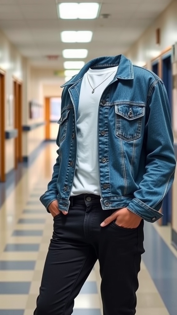 A casual outfit featuring a denim jacket, white t-shirt, and black jeans, suitable for school.