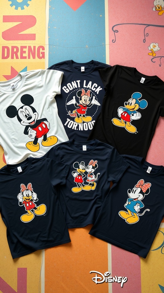 A collection of casual Disney character tees featuring Mickey and Minnie Mouse on a colorful background
