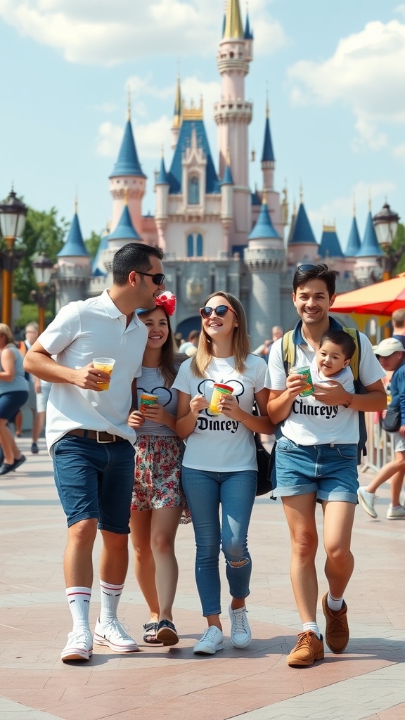 A group of four friends in casual Disney-themed outfits enjoying a day at the park with the Disney castle in the background.