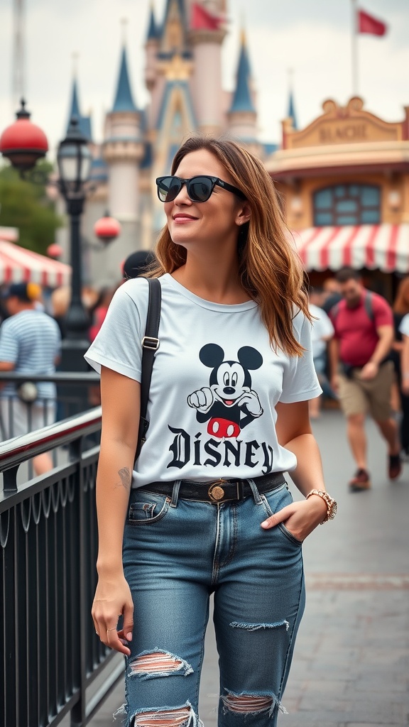 A woman in a Mickey Mouse tee and ripped jeans at a Disney park