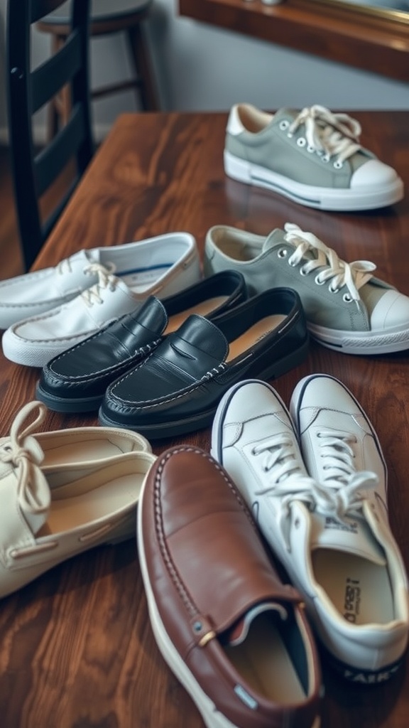 A variety of casual footwear options displayed on a wooden table, including loafers, sneakers, and slip-ons.