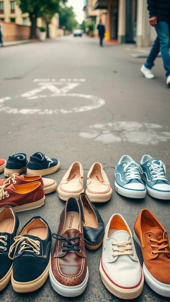 A variety of casual footwear displayed on a street, including sneakers, loafers, and slip-ons.