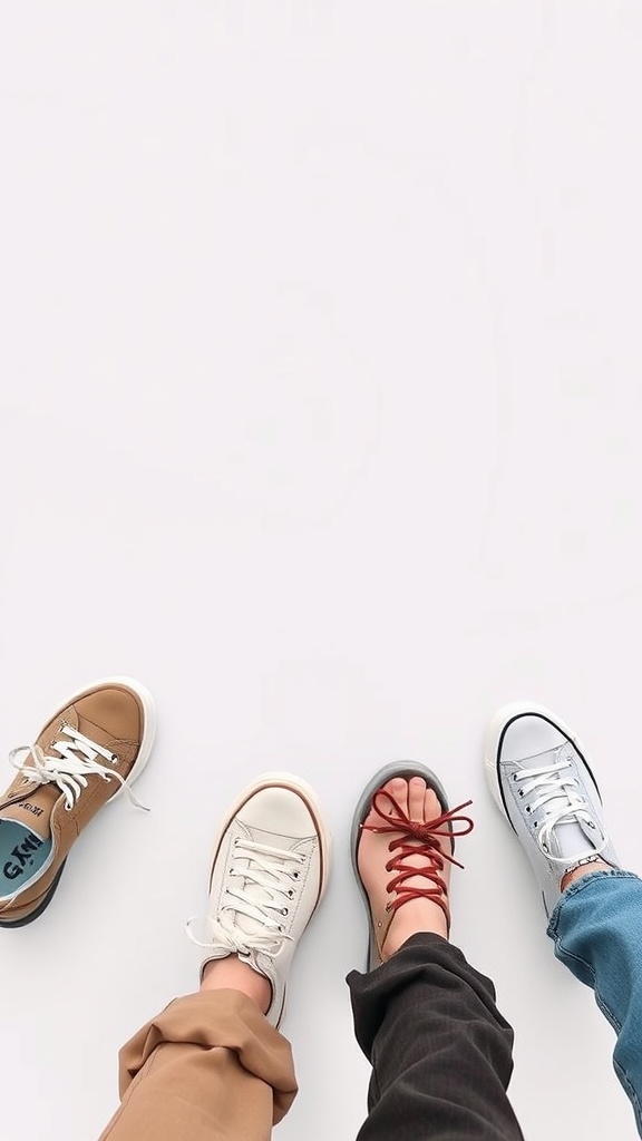 A variety of casual footwear options including sneakers and sandals
