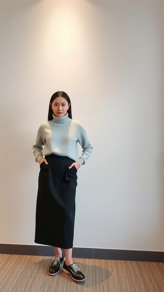 A young woman wearing a light blue sweater and a black pencil skirt with lace-up shoes, posing against a neutral background.