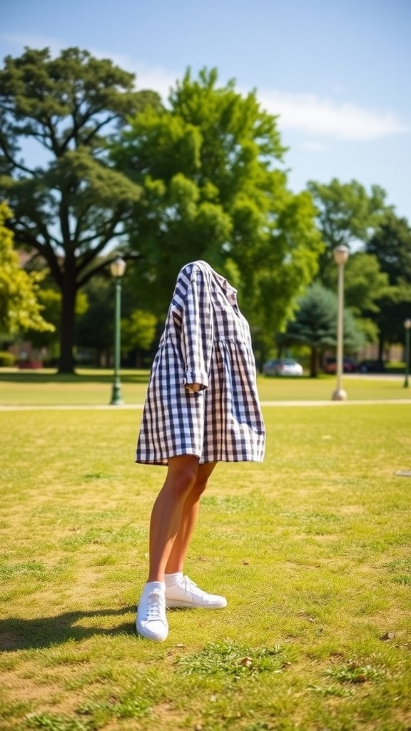 A casual gingham dress worn with white sneakers in a park setting
