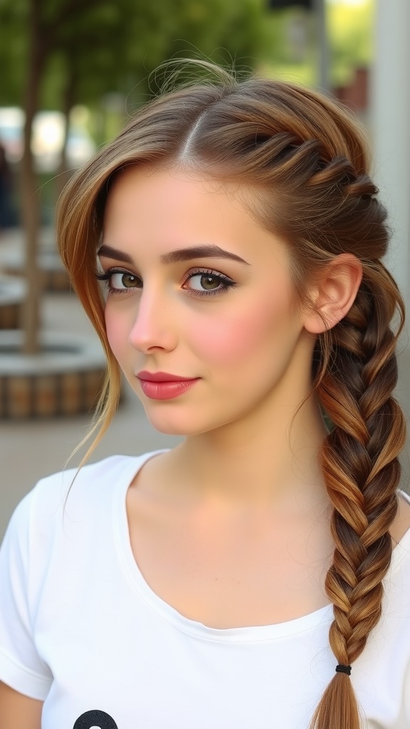 Casual half braid hairstyle with side-swept bangs on a model.