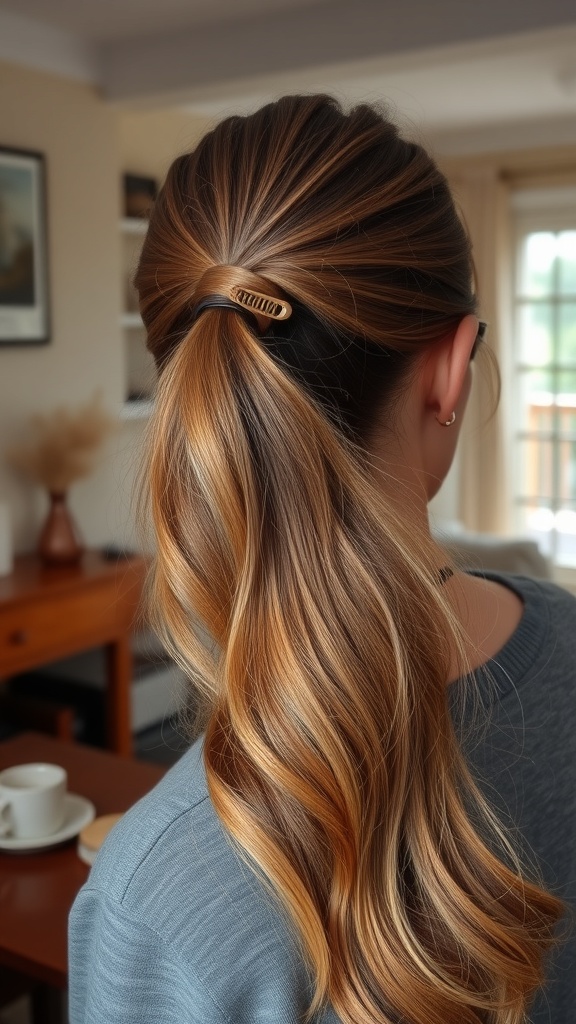 A woman with a half up ponytail hairstyle secured with a claw clip, showcasing soft waves and warm hair tones.