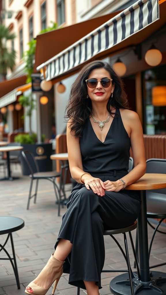 A woman wearing a black jumpsuit with statement accessories, sitting at a café.