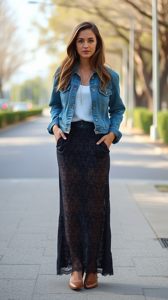 A model wearing a casual lace maxi skirt with a denim jacket, posing on a street.
