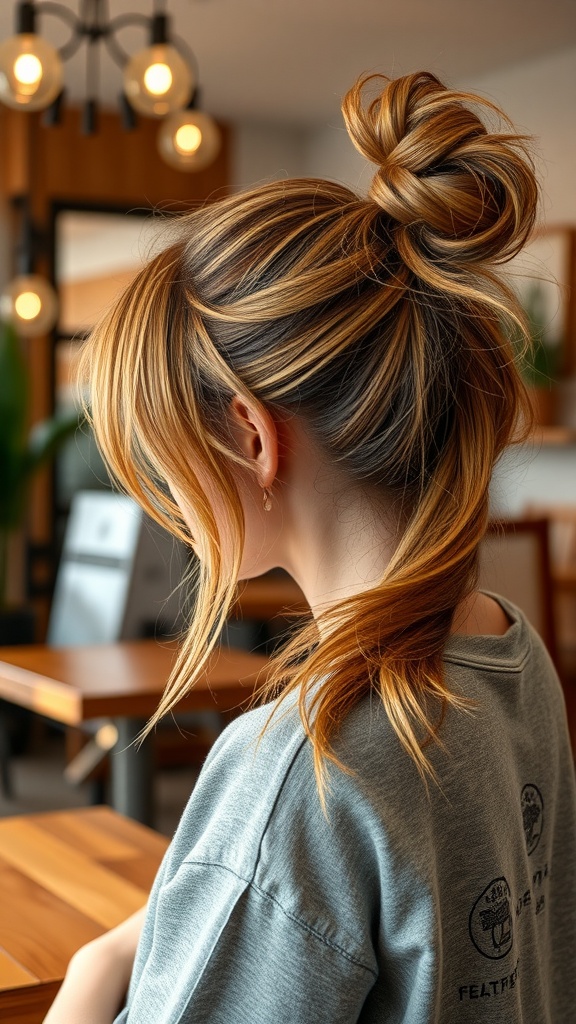 A casual messy ponytail hairstyle with face-framing strands, showcasing a relaxed and stylish look.