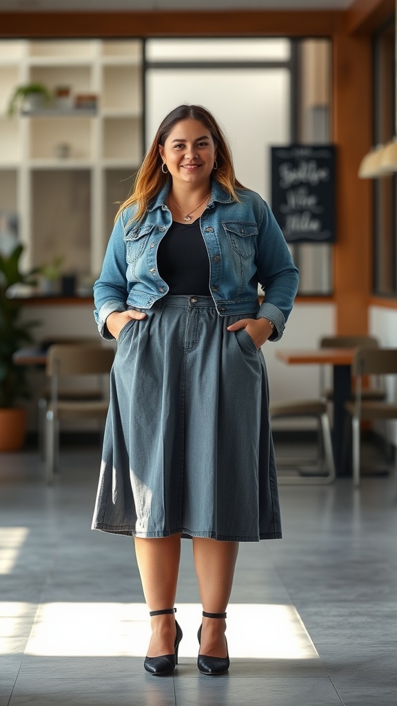 Woman wearing a casual midi skirt with a denim jacket, smiling in a bright indoor setting.