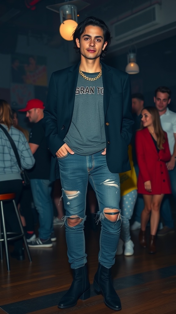 A stylish young man wearing an oversized blazer over a graphic tee, paired with ripped jeans and black boots, posing confidently.
