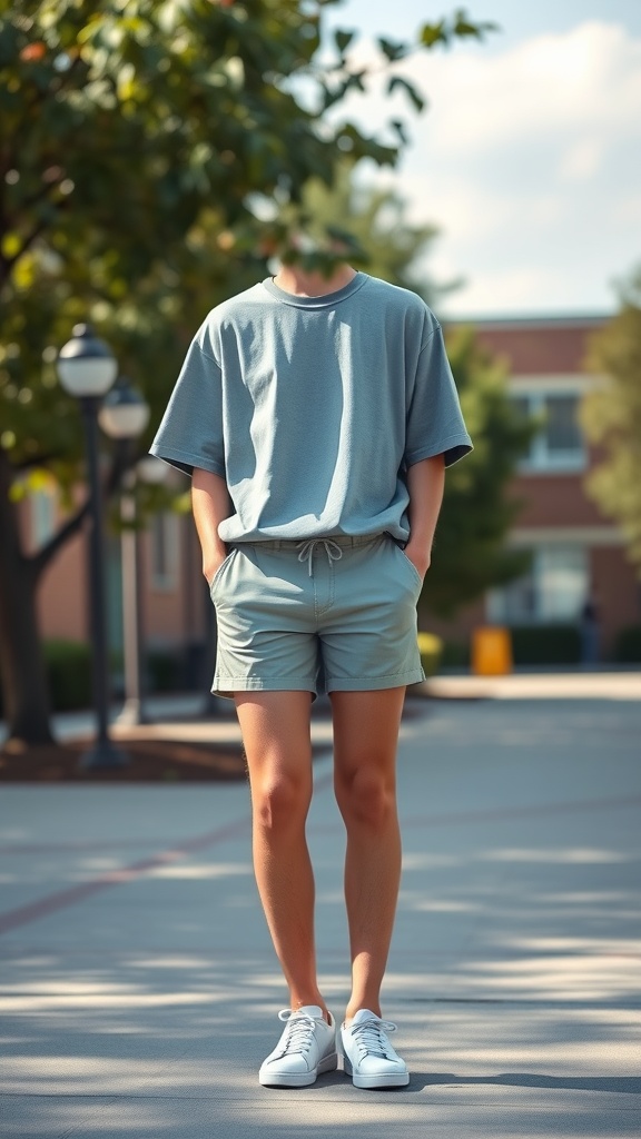 A person wearing a relaxed fit t-shirt and casual shorts, standing outdoors in a school setting.