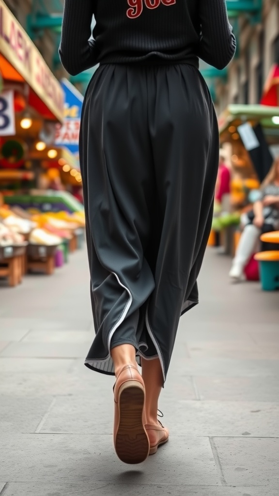 Woman walking in a casual black skirt and sandals in a marketplace.