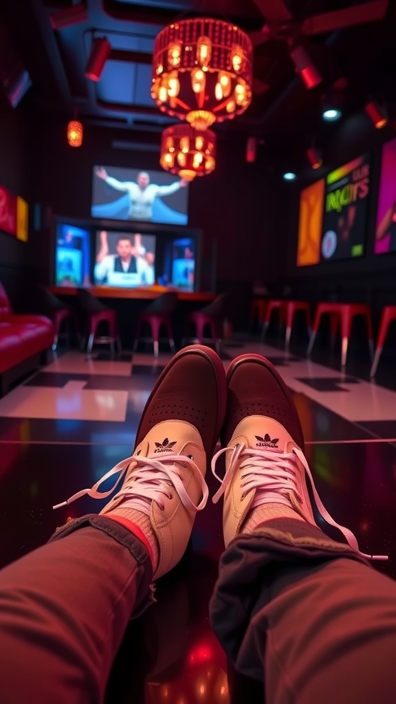 A pair of casual sneakers in a stylish club setting with vibrant lighting.