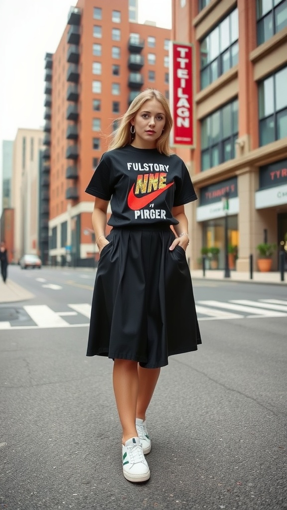 A woman wearing a black midi skirt and a graphic tee paired with white sneakers, standing on a city street.