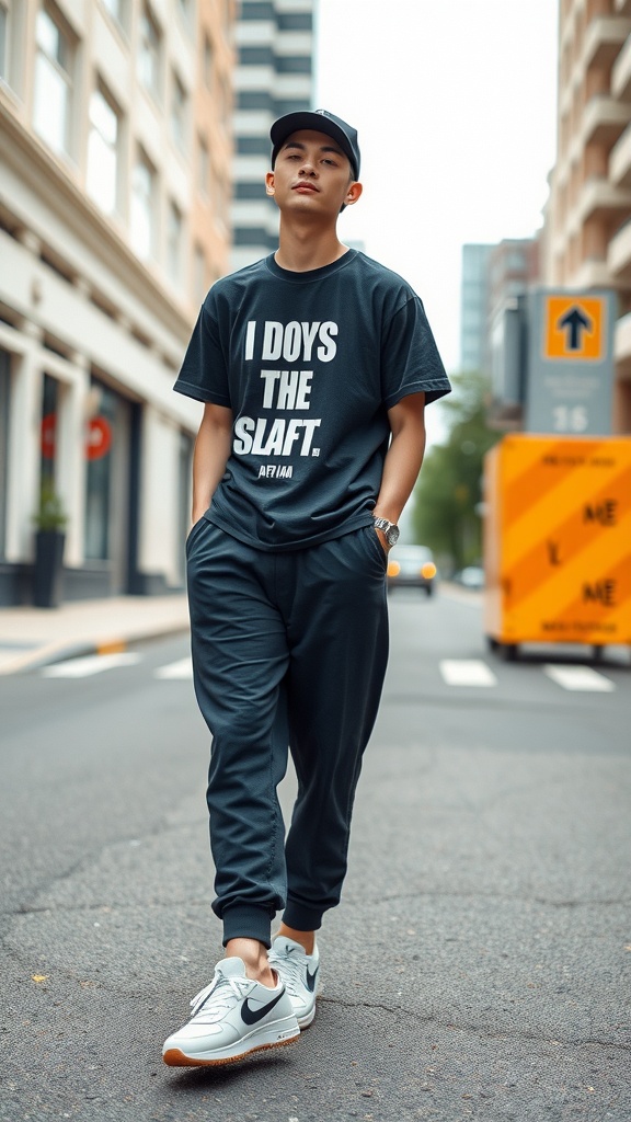 A young man in casual streetwear, featuring a graphic tee, joggers, and sneakers, walking on a city street.