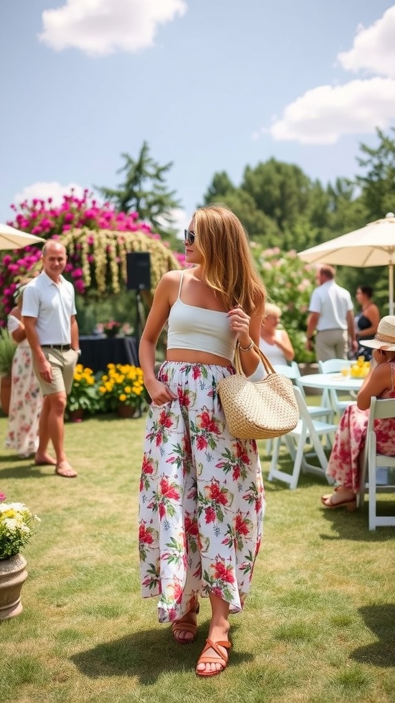 A woman wearing a floral printed skirt and white crop top, walking in a sunny outdoor setting.