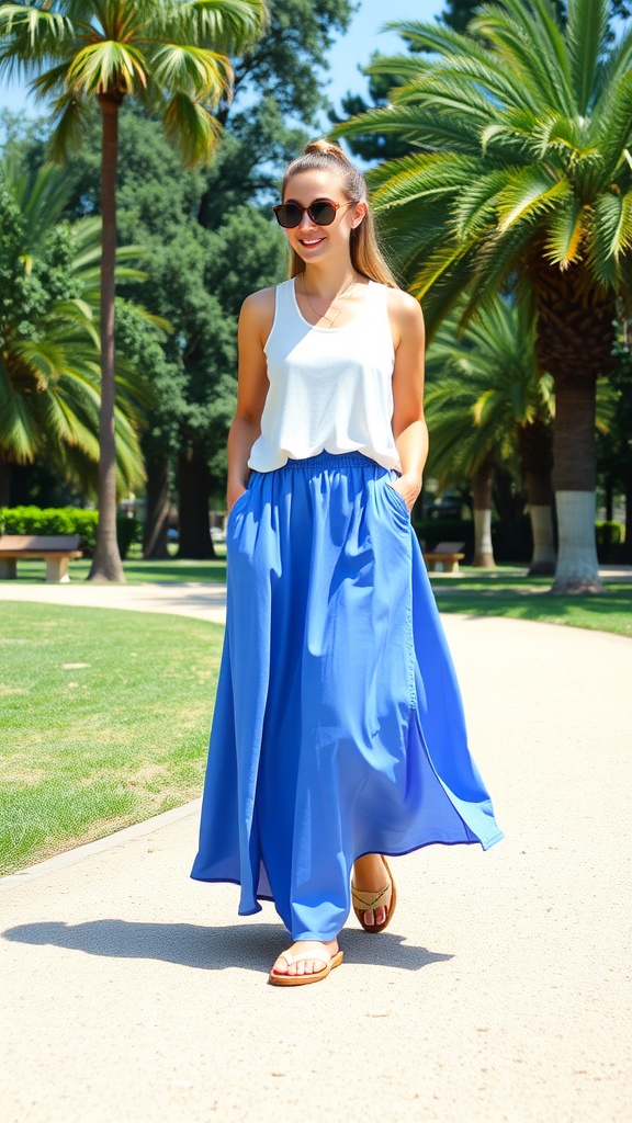 A woman in a white tank top and blue maxi skirt walking in a sunny park surrounded by palm trees.