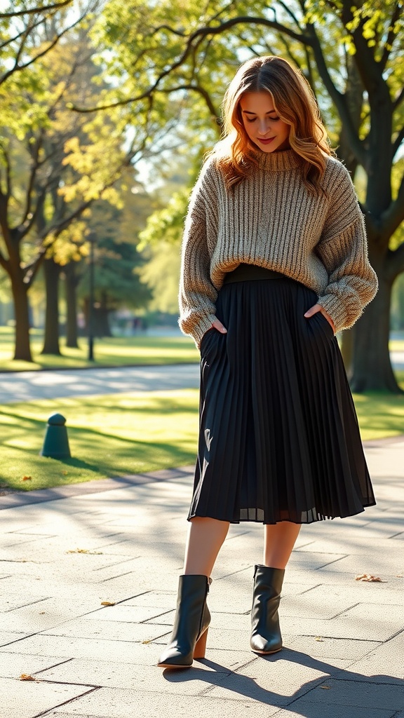 A woman wearing a knit sweater and a pleated midi skirt outdoors.