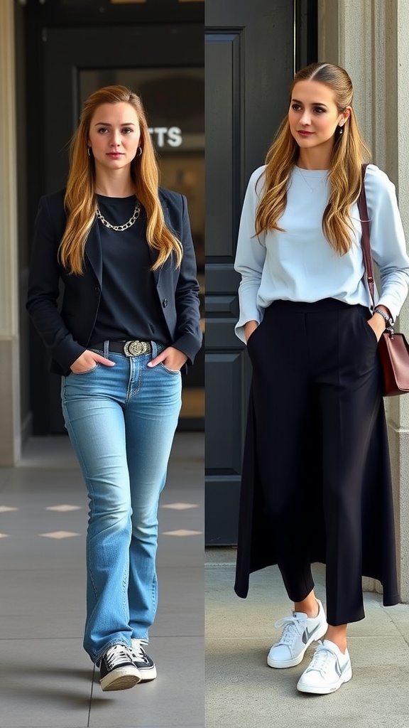 A woman showcasing casual and formal styles of long mullet hairstyles, left in casual attire and right in formal wear.