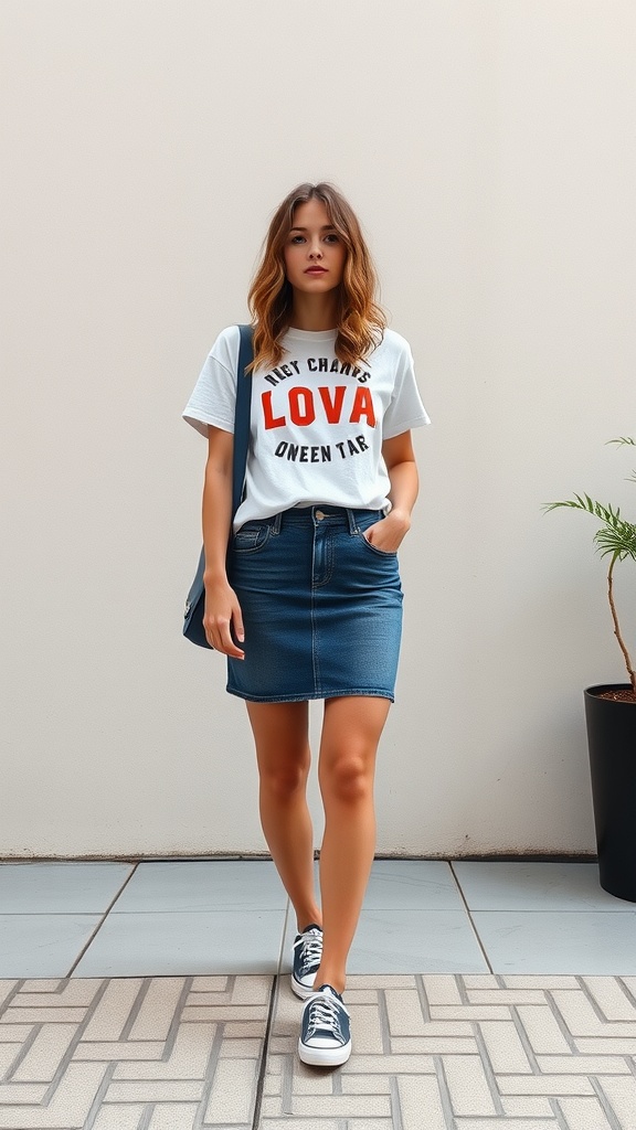 A young woman wearing a white graphic tee and a denim mini pencil skirt, paired with sneakers, standing against a neutral background.