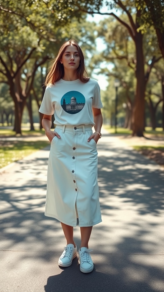 A young woman wearing a white denim skirt and a graphic tee, standing in a sunny park.
