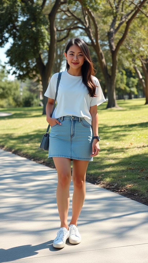 A woman wearing a casual outfit with a light blue jean skirt, white t-shirt, and white sneakers, standing in a park.