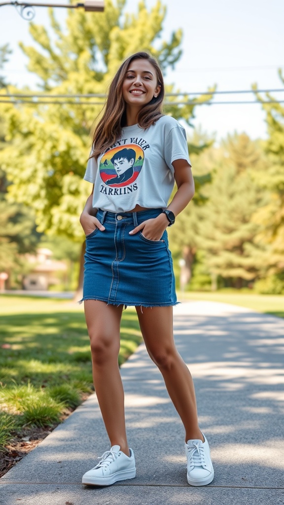 Woman smiling in a denim mini skirt and graphic tee, standing outdoors