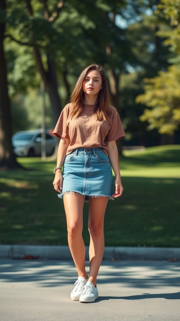 A woman wearing a brown t-shirt and a short denim skirt, standing in a park.
