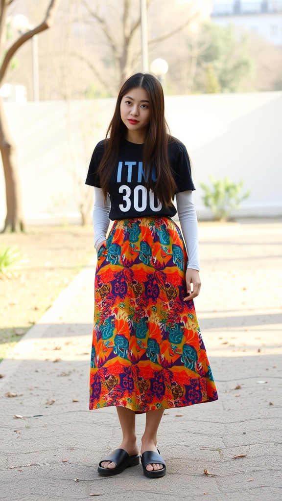 A woman wearing a colorful midi skirt with a graphic tee and sandals, standing in a casual outdoor setting.