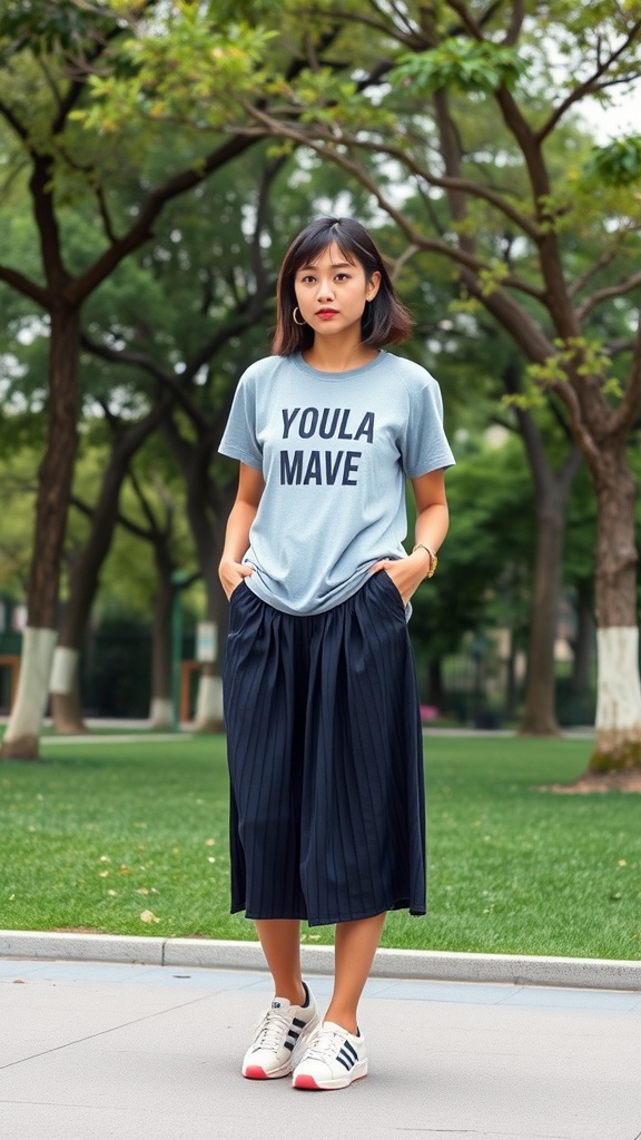A person wearing a pleated midi skirt with a casual t-shirt and sneakers in a park.