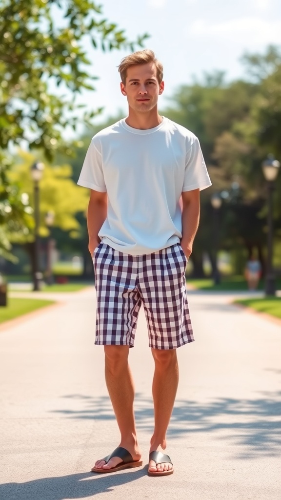 A young man wearing a white t-shirt and purple and white gingham shorts, standing on a sunny park pathway.