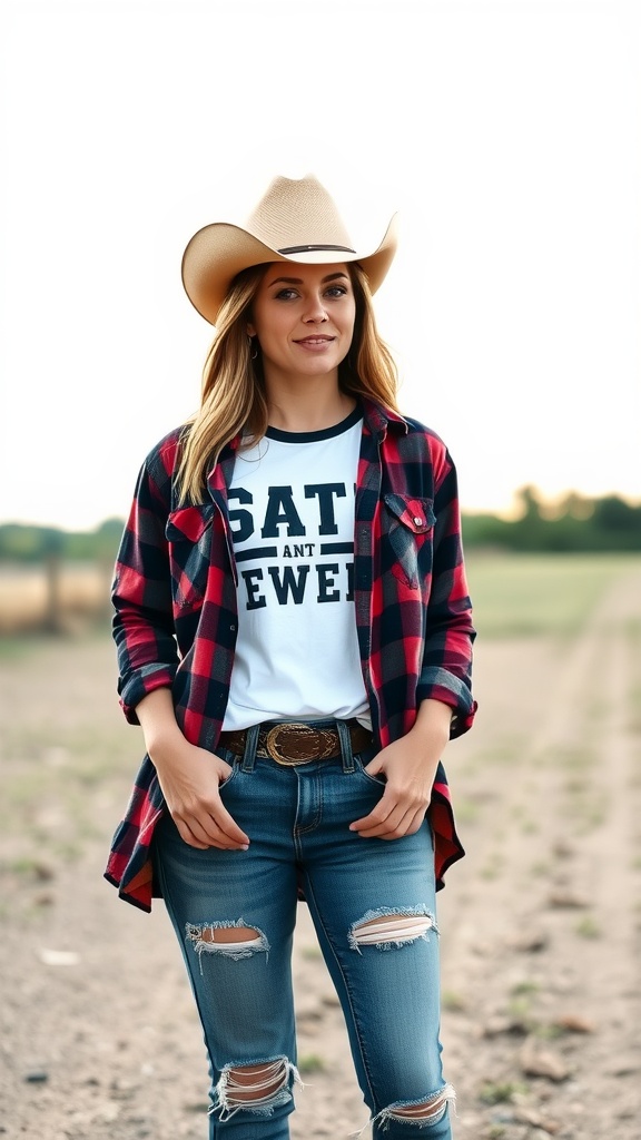 A woman in a plaid shirt, graphic tee, distressed jeans, and cowboy hat, standing outdoors.