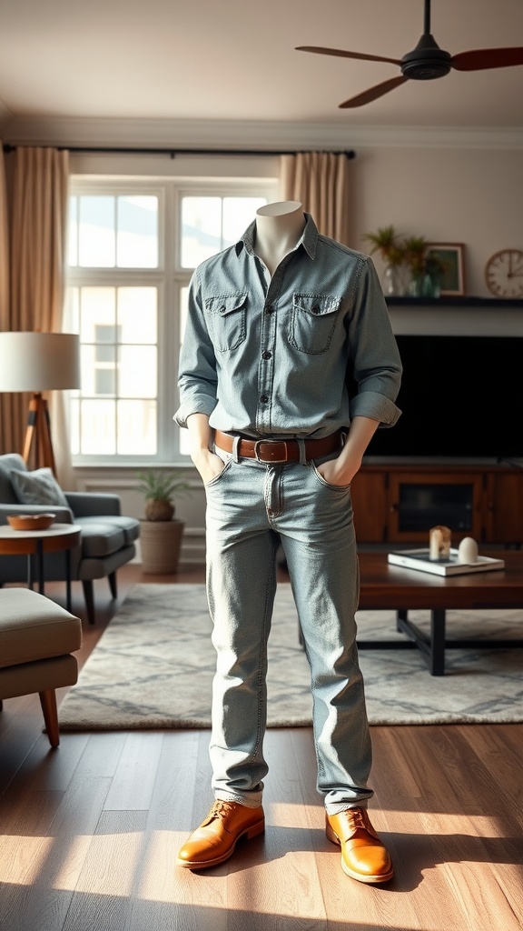 Casual western outfit featuring a denim shirt, chinos, and brown shoes displayed on a mannequin in a cozy living room.