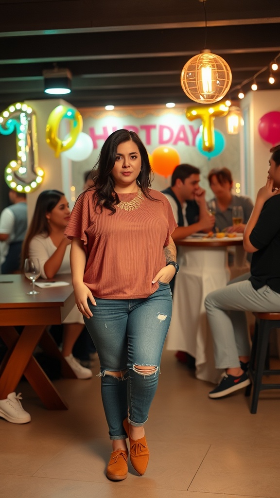 A plus-size woman wearing a casual outfit with a textured top and distressed jeans, smiling at a birthday party.