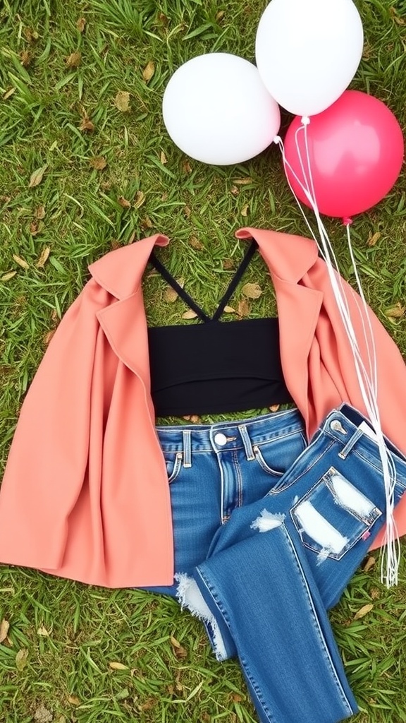 Casual outfit for a 21st birthday featuring a black crop top, ripped jeans, and a coral blazer with balloons