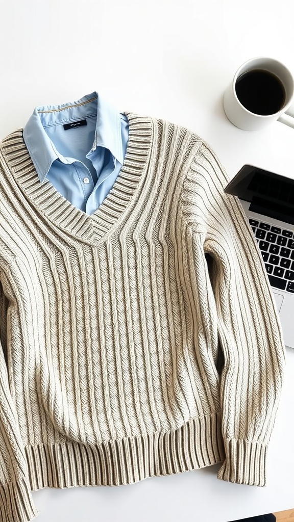 A cream-colored sweater over a light blue collared shirt, with a coffee mug and laptop in the background.