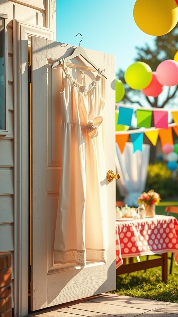 A white dress hanging on a door, decorated with colorful balloons and banners for a birthday celebration.
