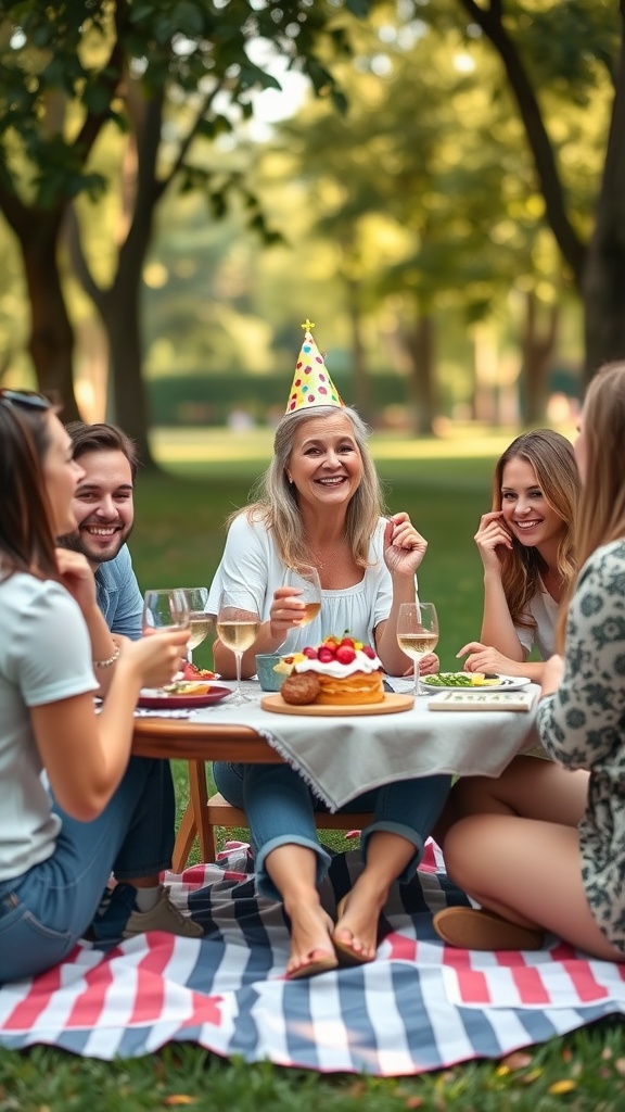 A cheerful woman in a party hat celebrating her birthday outdoors with friends at a picnic.