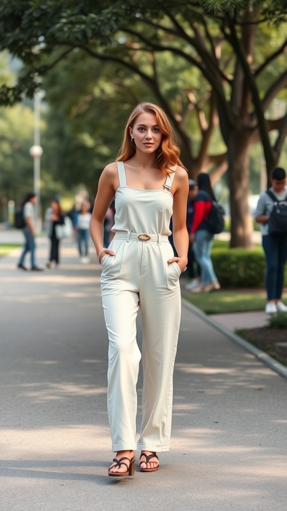 A young woman wearing a light-colored jumpsuit with wide legs and sandals, walking in a park with other students in the background.