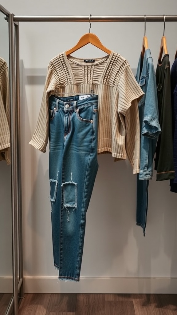 Casual outfit featuring a knitted top and distressed jeans hanging on a clothing rack.