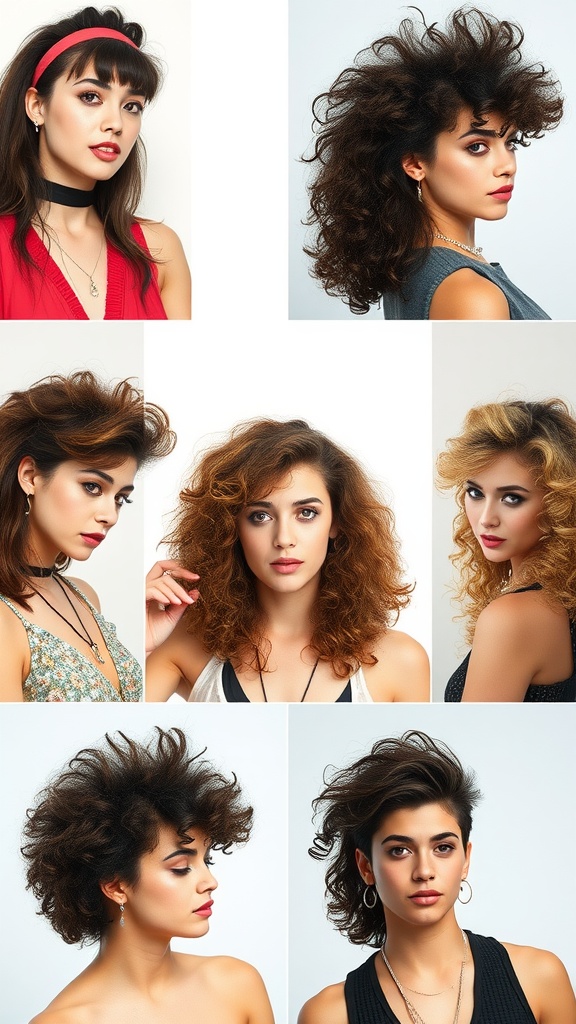 Collage of women showcasing various styles of curly mullet hairstyles.