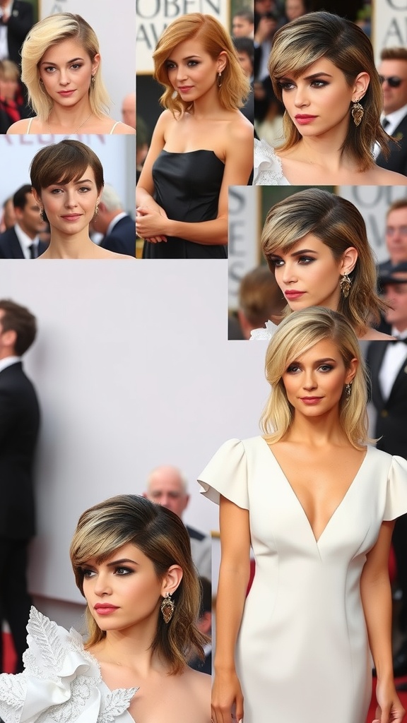 Celebrities showing off various styles of soft mullet hairstyles at a red carpet event.